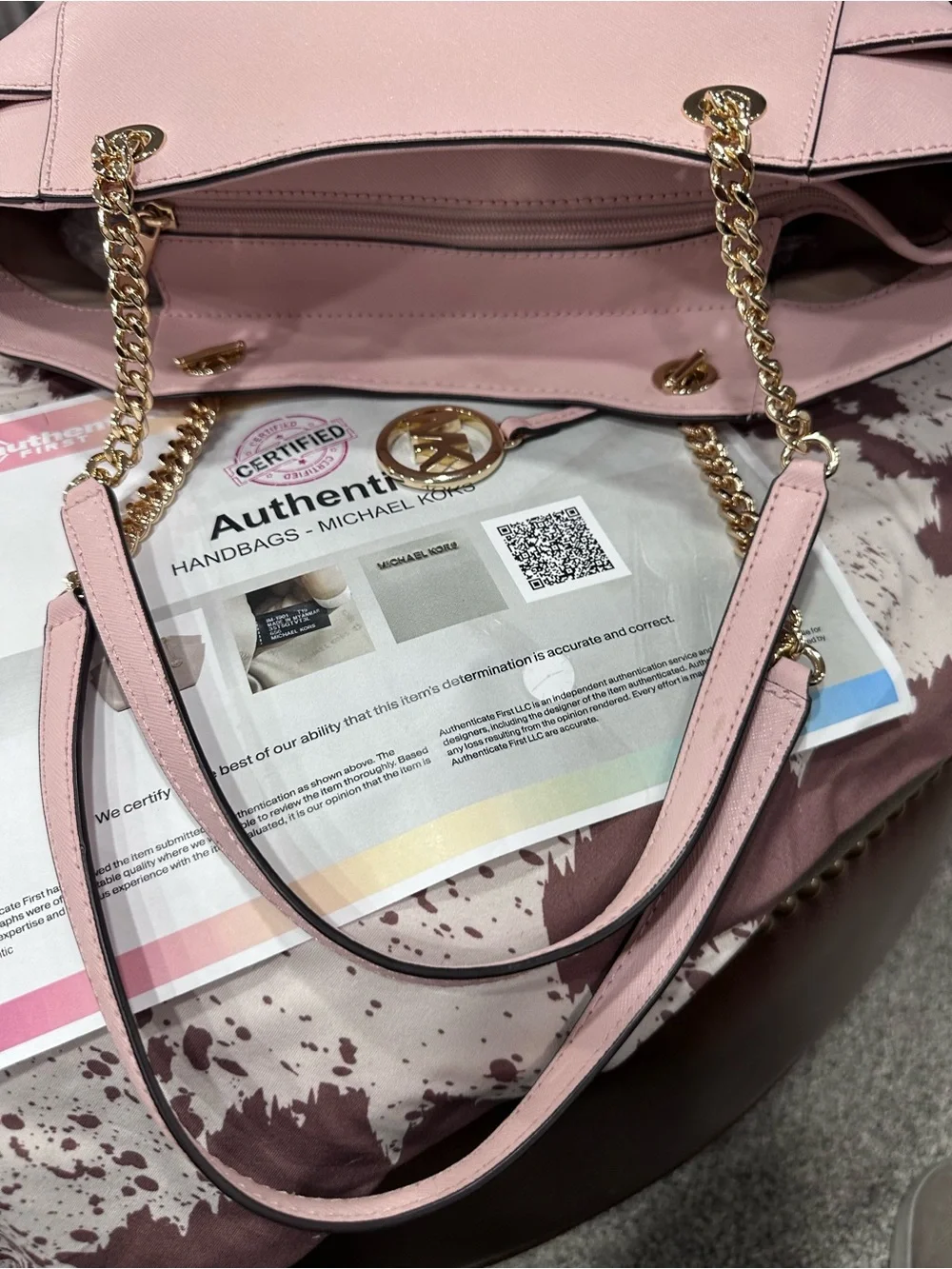 Michael Kors Blush Pink Leather Shoulder Tote with Gold Accent. COA